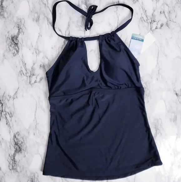 Island Waves Swim Tankini Moorea Adjustable Keyhole Halter Top Black Size 8 - Picture 1 of 15